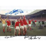 Geoff Hurst, Martin Peters and Bobby Charlton signed 8x6 colour photo pictured after the 1966