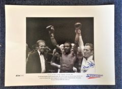 Boxing Maurice Hope signed 22x16 black and white Sporting Masters print pictured after defending his