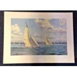 Nautical print 22x29 approx titled Endeavour versus Velsheda Solent 1989 by the artist Kenneth