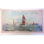 Nautical print 26x43 approx titled Sailing Barges, Thames Estuary signed in pencil by the artist