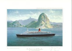 Nautical print 18x14 approx titled Queen Elizabeth 2 1969 Off Rio De Janerio signed in pencil by the