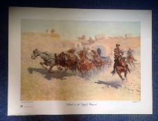 Wild West Print titled Attack on the Supply Wagons 33x22 approx by the artist Frederic Remington .
