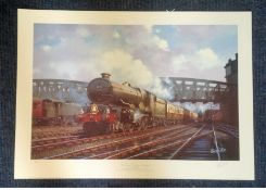 Railway Print 20x27 titled King George V leaving Paddington signed in pencil by the artist Barry
