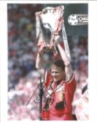 Football Teddy Sheringham 10x8 signed colour photo pictured celebrating while with Manchester