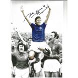 Football John Greig 12x8 signed colour enhanced photo pictured celebrating with Rangers in Scotland.