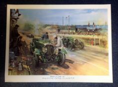 Historical Print approx 33x26 titled Bentleys at Le Mans 1929 by the artist Terence Cuneo.