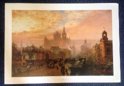 London print approx 33x24 titled Sunset St Pancras Hotel and Station from Pentonville Road by the