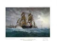 Nautical print 18x14 approx titled RMS Britannia 1840 Off the Anglesey Coast signed in pencil by the