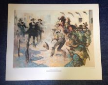 Wild West print 24x29 approx titled "GUNFIGHT AT THE OK CORAL" by the artist Terence Cuneo. Good