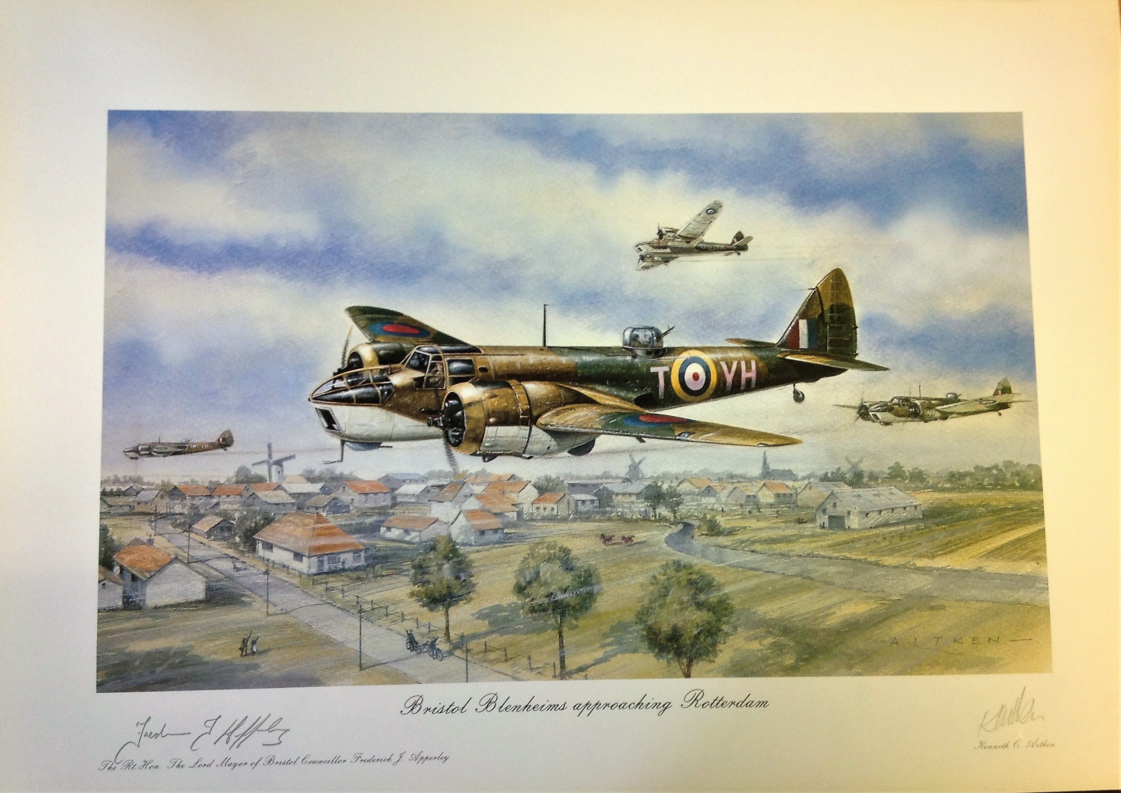 World War Two print approx 24x20 titled Bristol Blenheims approaching Rotterdam by the artist