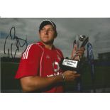 Cricket Tim Bresnan 8x12 signed colour photo pictured with the Nat West series trophy while on