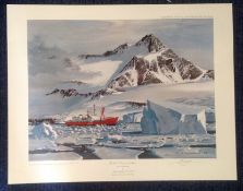 Nautical print HMS Endurance in the Ice 32x18 approx signed in pencil by the artist Keith Shackleton