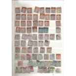 GB Victorian Used stamps in stock book includes 27 x 1d Red Plates, 2 x 2d Blue, 18 x 1d Lilac
