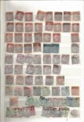 GB Victorian Used stamps in stock book includes 27 x 1d Red Plates, 2 x 2d Blue, 18 x 1d Lilac