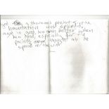 Marc Bolan hand written lyrics on white page 12 x 7 inches. Reads Cryed a thousand preists the