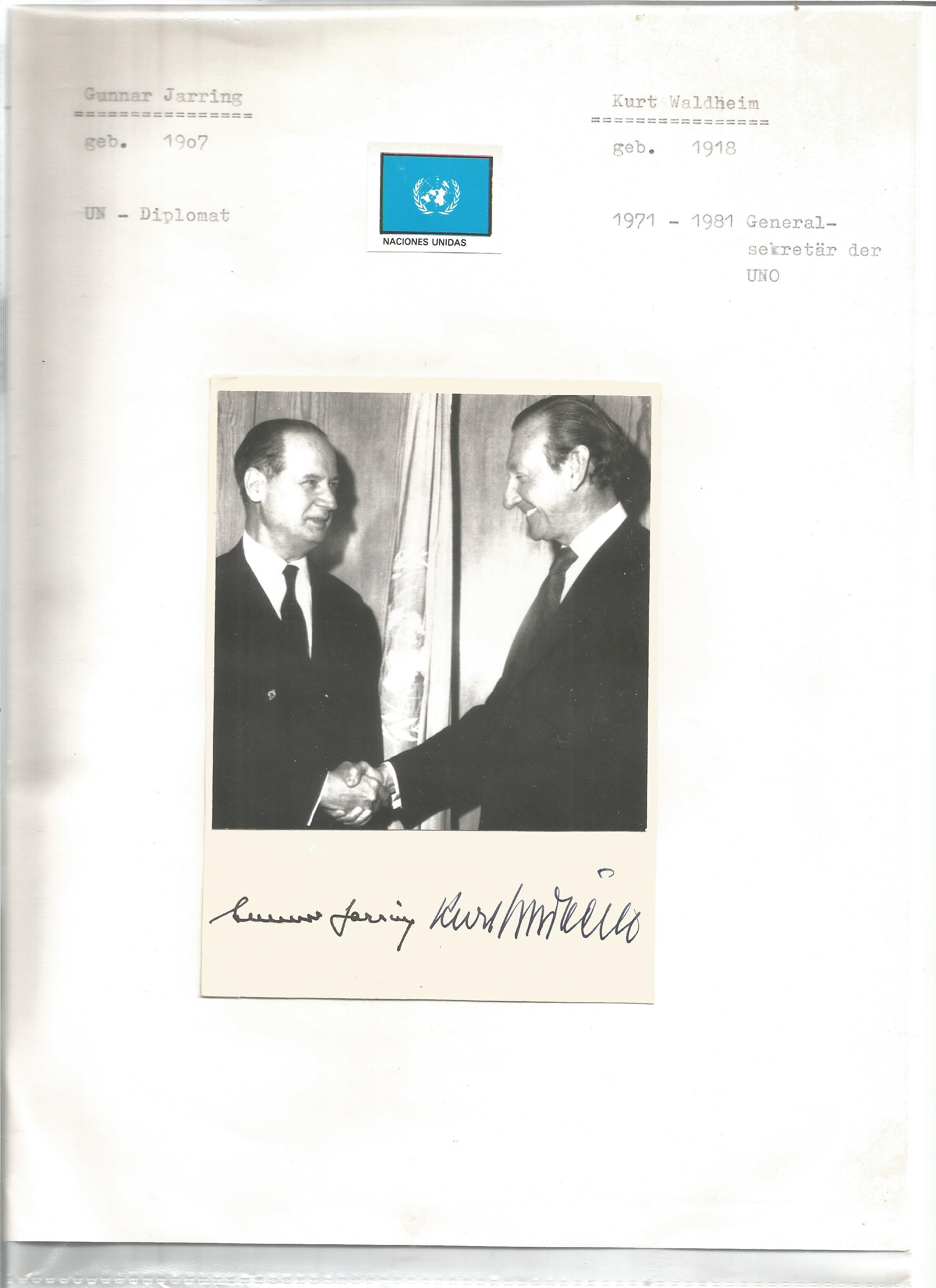Kurt Waldheim and Gunnar Jarring signed 6 x 4 inch b/w photo mounted onto A4 page. Good Condition.