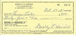 Dorothy Lamour/Howard (1914-1996) Actress Signed Bank Of America Cheque. Good Condition. All