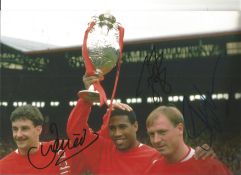 Steve McMahon, John Barnes and John Aldridge Liverpool Signed 12 x 8 inch football photo. Good
