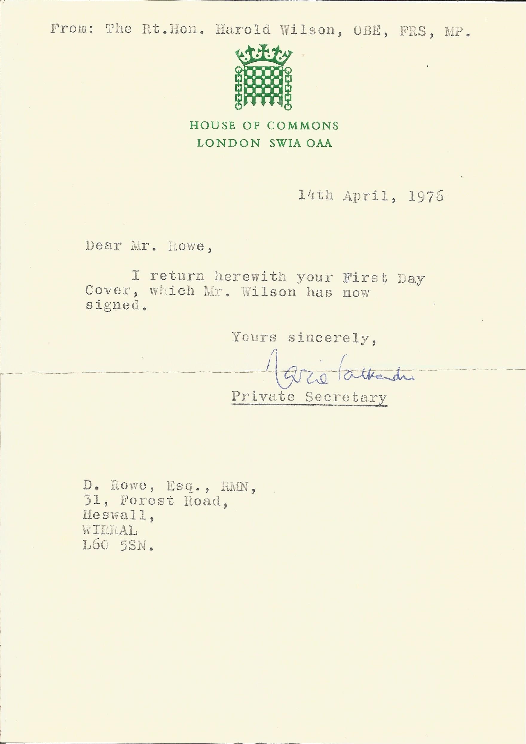 Prime Minister Harold Wilson signed 1973 Parliamentary Conference FDC, neat typed address. Comes - Image 2 of 2