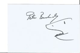 Peter Benchley signed Shark Doodle Jaws director on white card. Good Condition. All signed pieces