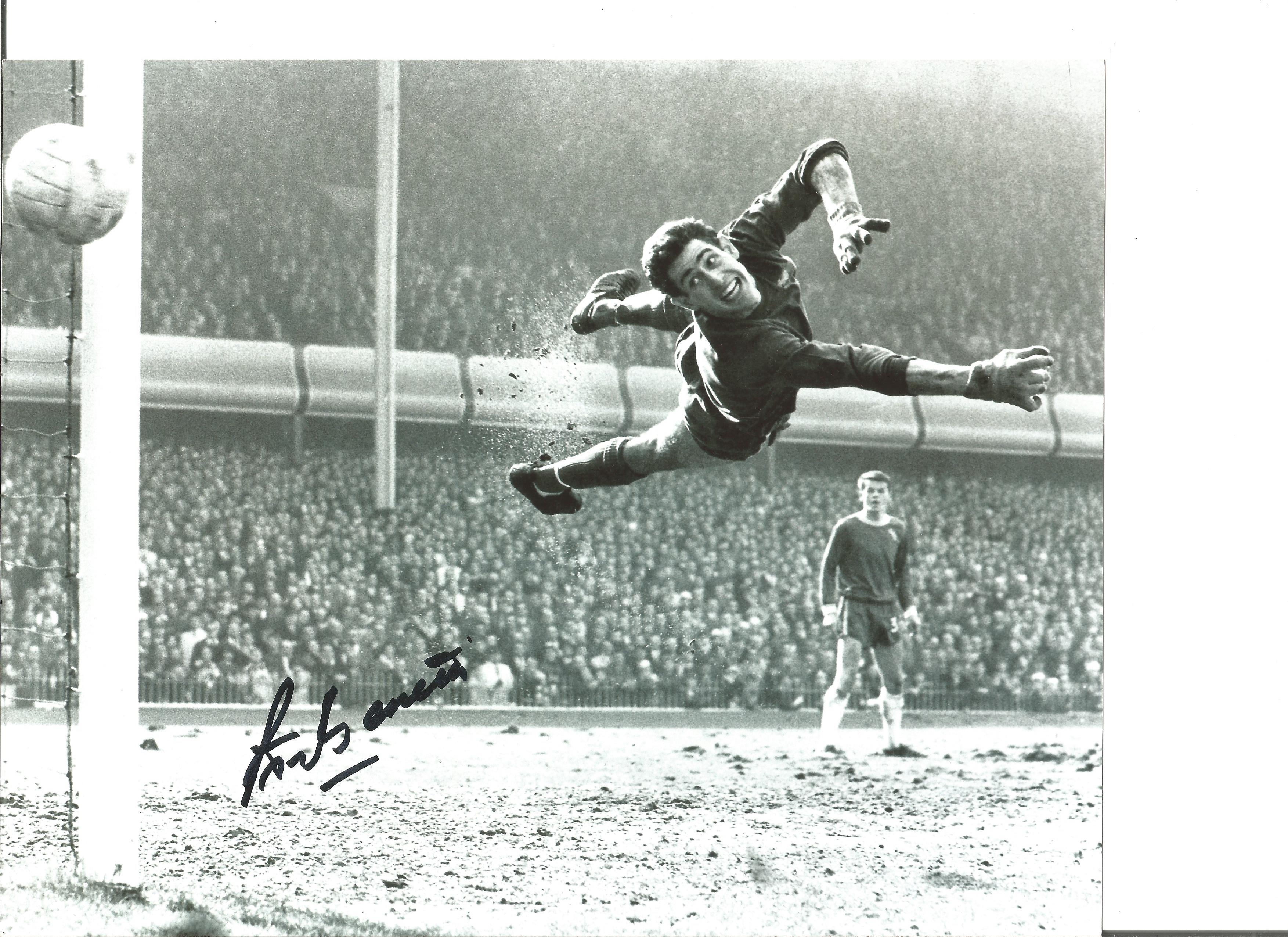 Football Chelsea Legend Peter Bonetti signed superb 10 x 8 inch b/w photo at full stretch in the air