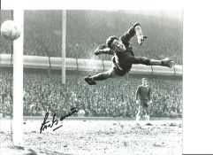 Football Chelsea Legend Peter Bonetti signed superb 10 x 8 inch b/w photo at full stretch in the air