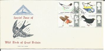 Wild Birds 1966 FDC rare North Herts Stamp club illustrated cover. Block 4 x 4d GB stamps and