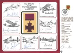 Seven Victoria Cross winners signed A4 sized Award of the Victoria Cross cover, with silk copy of