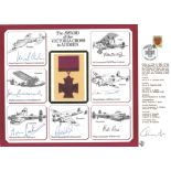 Seven Victoria Cross winners signed A4 sized Award of the Victoria Cross cover, with silk copy of