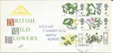 Wild Flowers 1967 FDC rare North Herts Stamp club illustrated cover. Block 4 x 4d GB stamps and