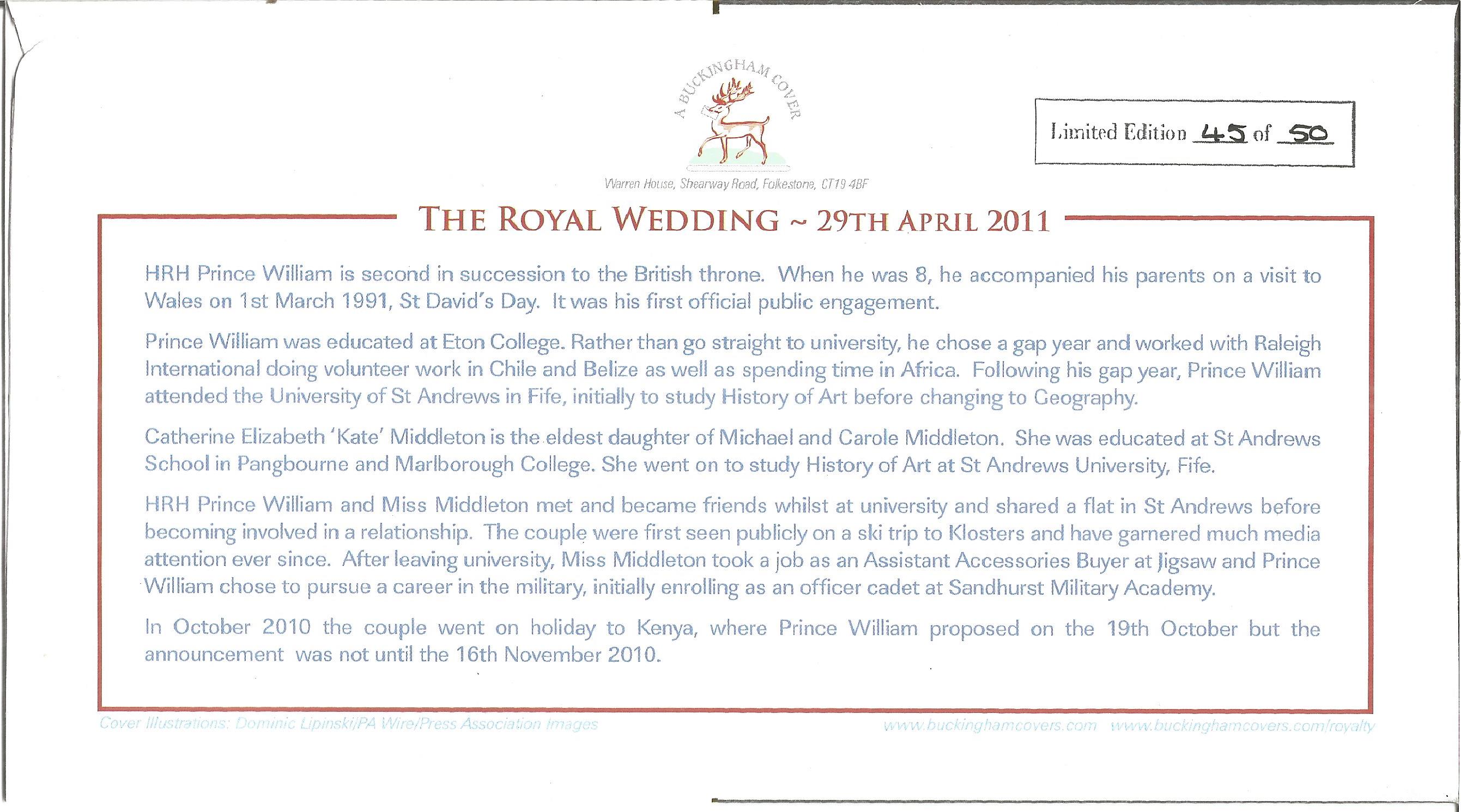 The Royal Wedding HRH Prince William and Miss Catherine Middleton unsigned Internetstamps official - Image 2 of 2
