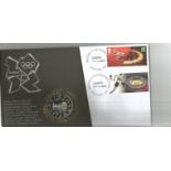 London 2012 coin FDC. Double postmarked London 27, 7, 2012 and London 29, 8, 2012. Stratford E20.