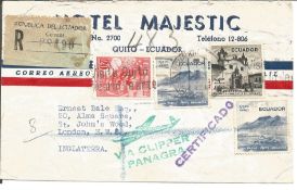 Republic of Ecuador air mail envelope Quito - Ecuador with four Ecuador stamps. Good Condition. We