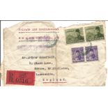 Air Mail Registered envelope front cover with four Egypt stamps. Good Condition. We combine