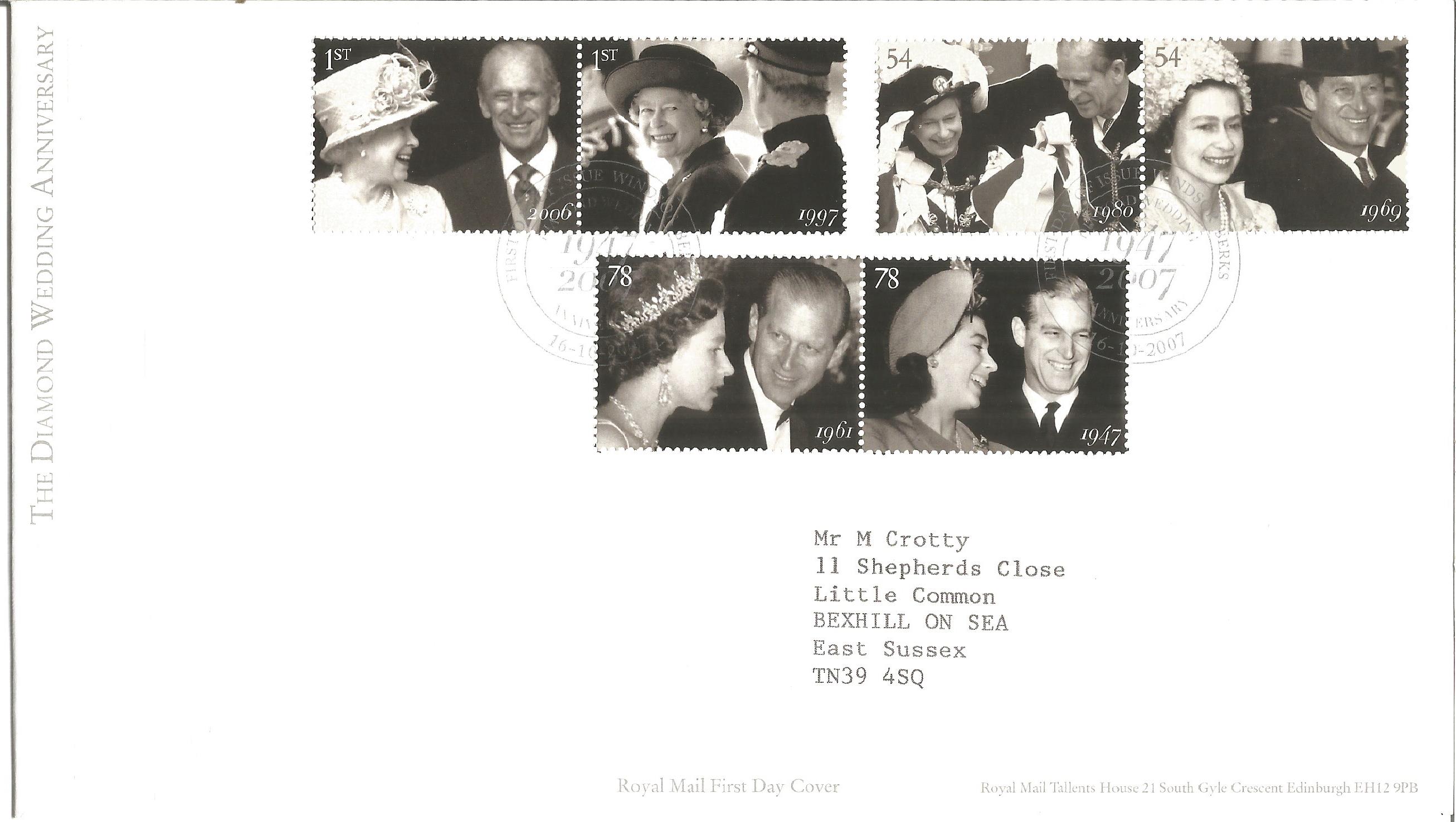The Diamond Wedding Anniversary 1947 - 2007 unsigned FDC. Date stamp Windsor Berks 16th October