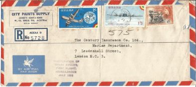 Ghana air mail envelope with three Ghana stamps plus date stamps Accra Ghana 16th July 1958. Good