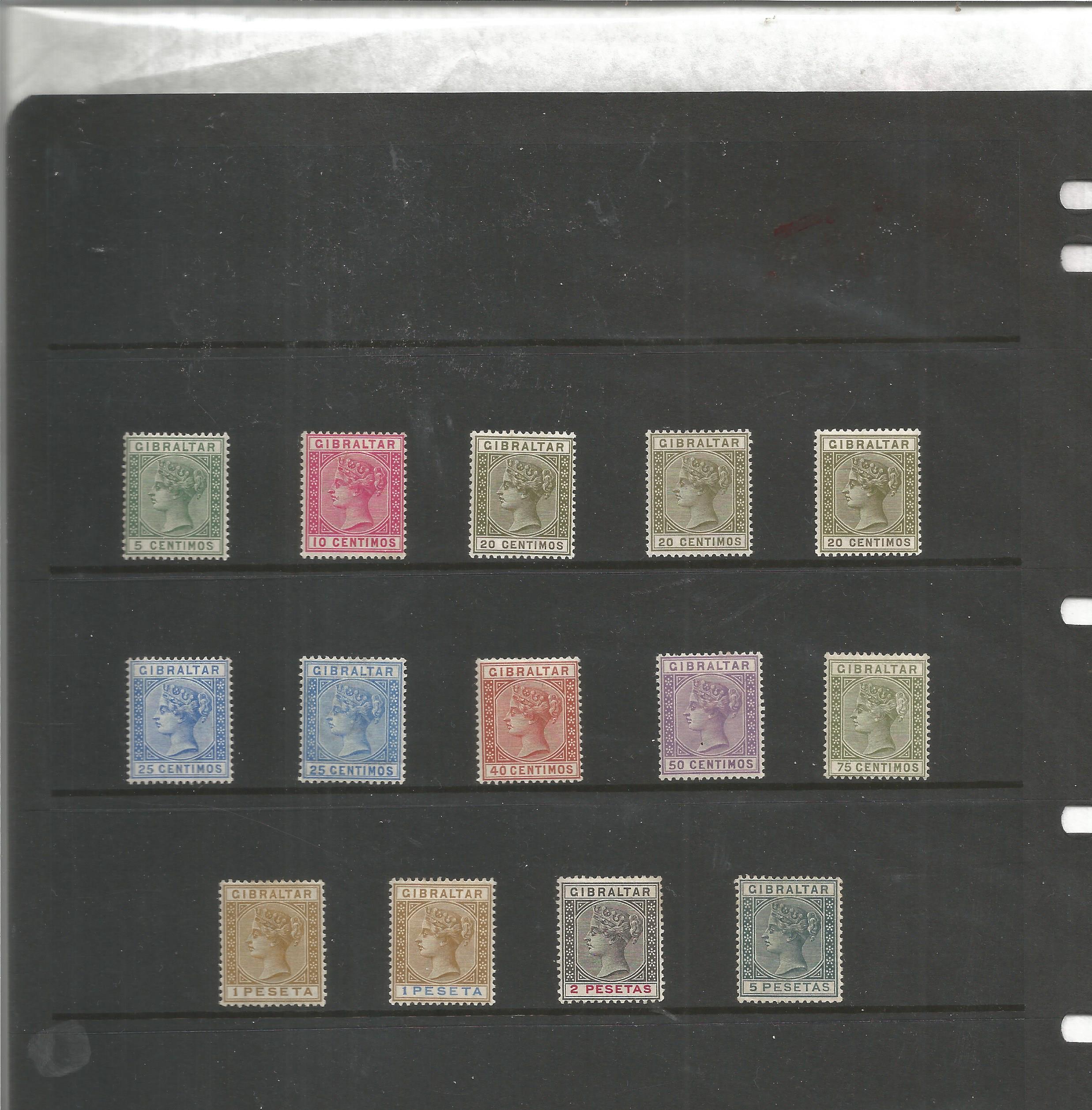 Gibraltar mint stamp collection on album page. 28 stamps. 1938 GVI SG121, 131, 1889 VR SG22, 33. Cat