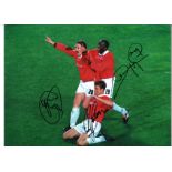 Ole Gunner Solskjaer, Dwight Yorke and Ronny Johnsen Man United Signed 16 x 12 inch football