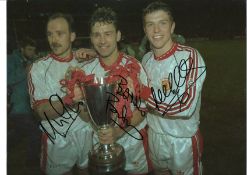 Bryan Robson , Mike Phelan and Lee Sharpe United Signed 16 x 12 inch football photo. Good Condition.