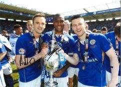 Leicester City Signed 16 x 12 inch football photo signed by Andy King Wes Morgan and David Nugent.
