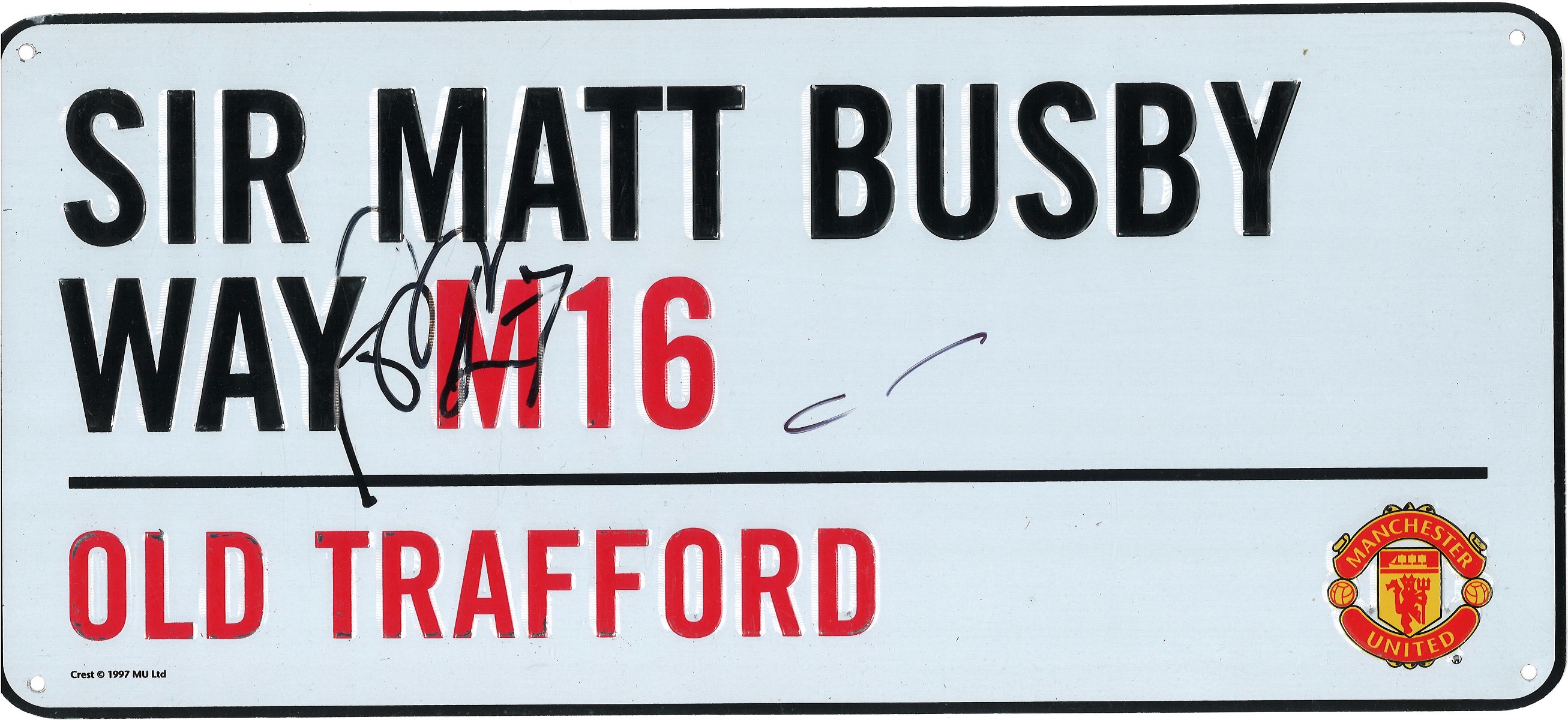 Football Marouane Fellaini signed Sir Matt Busby Way M16 Old Trafford commemorative metal road sign.