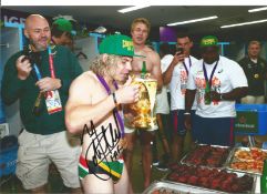 Rugby Faf de Klerk 12x8 signed colour photo pictured celebrating after South Africa's victory in the