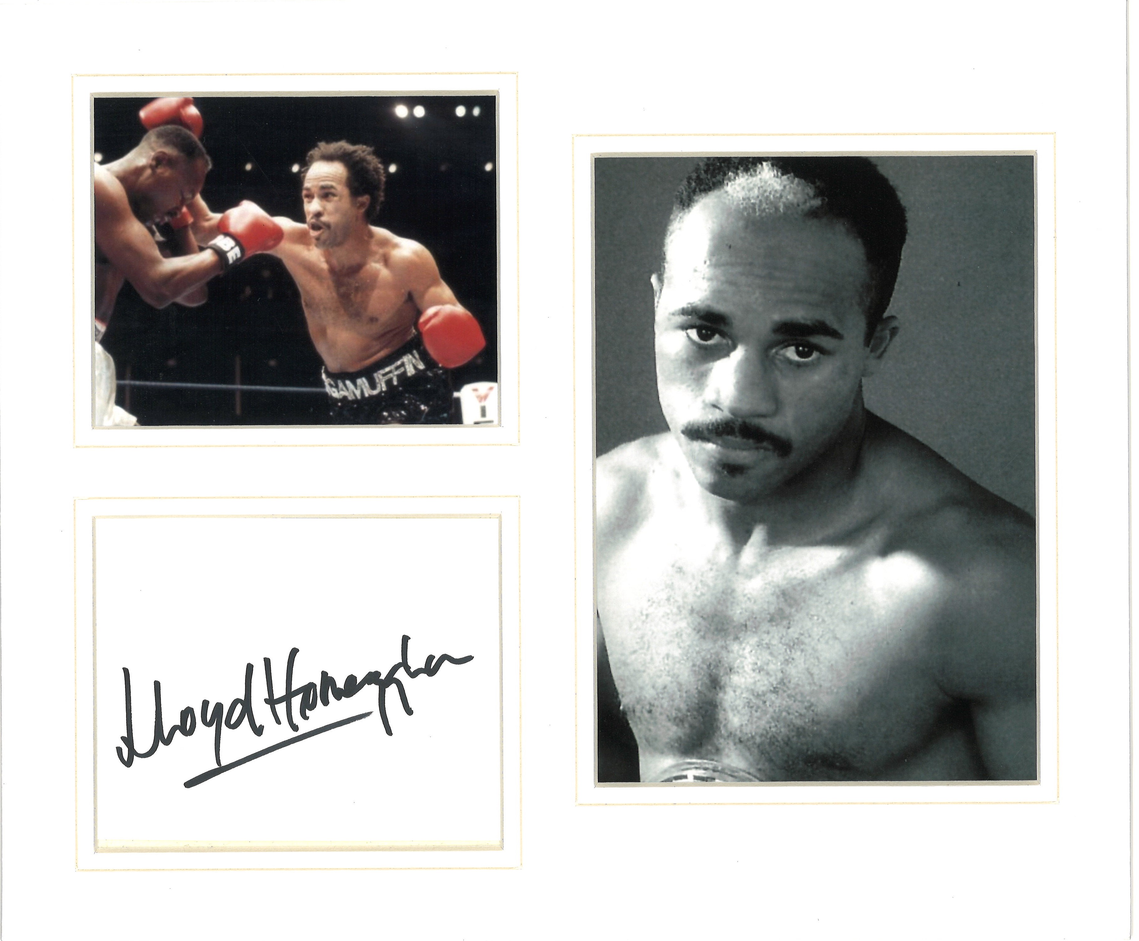 Boxing Lloyd Honeyghan 12x10 mounted signature piece includes two photos and a signed album page all