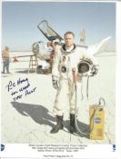 NASA Test pilot Peter Hoag signed colour 12 x 8 inch phot standing in front of his HL10 plane.