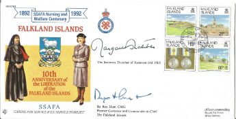 Margaret Thatcher and Rex Hunt signed 10th ann Liberation of the Falklands cover. Good conditon.