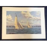 Sailing Print approx 28x18 titled Endeavour versus Velsheda , Solent 1989 by the artist Kenneth