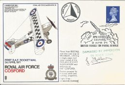 J. Follows signed flown RAF Cosford First RAF Rocket Mail 3rd April 1971 FDC. Damaged by Immersion