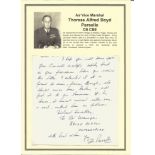 Air Vice Marshal Thomas Alfred Boyd Parselle CB CBE signed handwritten letter. Set into superb A4