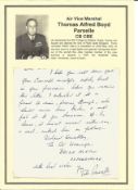 Air Vice Marshal Thomas Alfred Boyd Parselle CB CBE signed handwritten letter. Set into superb A4