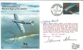 Jeffrey Quill and Johnnie Johnson signed 50th anniv of the first flight of the spitfire cover.